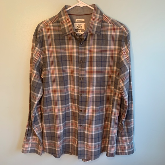JOS A BANKS 1905 Mens Large Long Sleeve Button Front Neutral Plaid Modern Fit - Picture 2 of 9
